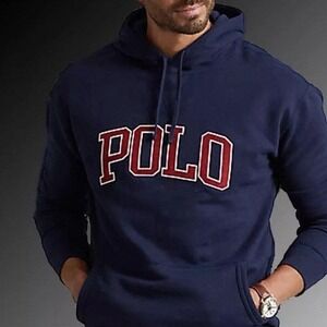 Ralph Lauren $188‎ Medium Vintage Blue Red Polo Spellout Hoodie Sweatshirt